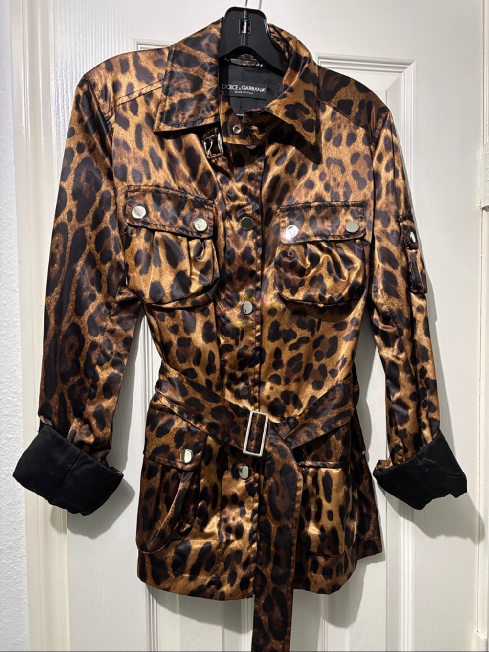 Dolce & Gabbana Leopard-Print Satin Belted Utility Jacket - Brown & Black Size M